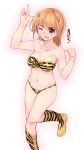  1girl animal_print bikini blonde_hair blush boots breasts cleavage collarbone commentary debutya_aki eyebrows_visible_through_hair heart highres leg_up long_hair medium_breasts navel one_eye_closed oni_costume oni_horns open_mouth pointing pointing_up print_bikini print_footwear red_eyes saki smile solo standing standing_on_one_leg star strapless strapless_bikini sweatdrop swimsuit tiger_print tomokiyo_akari wavy_mouth yellow_bikini yellow_footwear 