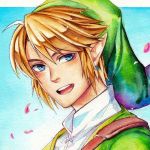  1boy :d bangs blonde_hair blue_eyes blue_sky earrings eyebrows_visible_through_hair face from_side hat jacket jewelry laovaan link looking_at_viewer male_focus open_mouth petals pointy_ears shirt sky smile solo the_legend_of_zelda traditional_media 