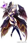  1girl black_footwear black_gloves black_wings boots breasts cleavage copyright_name elbow_gloves feathered_wings full_body fur_trim gloves grey_eyes grey_hair hair_ornament hera_(hoshi_no_girls_odyssey) holding holding_staff hoshi_no_girls_odyssey large_breasts long_hair looking_at_viewer minamoto_mamechichi official_art simple_background smile solo staff thigh-highs thigh_boots white_background wings 