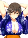  1girl amagami arms_up blue_kimono breasts brown_eyes brown_hair cleavage collarbone eyebrows_visible_through_hair floral_print hair_between_eyes highres japanese_clothes kimono large_breasts looking_at_viewer sasaki_akira_(ugc) short_hair simple_background smile solo tsukahara_hibiki upper_body white_background 