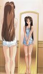  1girl back barefoot black_eyes brown_hair copyright_request feet hands_together highres indoors long_hair mirror oldschool reflection scan sleepwear solo standing v_arms 