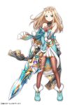  1girl blonde_hair blue_coat blue_footwear brown_legwear canopus_(hoshi_no_girls_odyssey) circlet closed_mouth copyright_name full_body gloves green_eyes hattori_masaki holding holding_sword holding_weapon hoshi_no_girls_odyssey long_hair looking_at_viewer official_art pantyhose shoes simple_background skirt smile solo standing sword weapon white_background white_skirt 