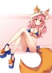  1girl animal_ears armpits arms_up ass bikini blue_bikini blush breasts cleavage collarbone commentary_request fate/extra fate_(series) fox_ears fox_tail highres large_breasts long_hair looking_at_viewer midriff nyanya pink_hair side-tie_bikini simple_background sitting smile solo swimsuit tail tamamo_(fate)_(all) tamamo_no_mae_(swimsuit_lancer)_(fate) yellow_eyes 