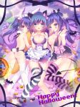  3girls :d animal_ears apron ass asymmetrical_legwear bare_back bat_hair_ornament bed_sheet black_hair blue_eyes bow breasts bunny_tail bunnysuit candy cat_ears cat_tail cleavage commentary_request demon_tail detached_collar eating fang food hair_bow hair_ornament halloween highres holding ichi_rin jack-o&#039;-lantern lollipop long_hair looking_at_viewer lying maid_apron maid_headdress multiple_girls open_mouth original pillow rabbit_ears smile striped striped_legwear tail thigh-highs twintails wrist_cuffs 