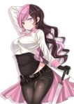  1girl arm_up artist_request belt black_gloves blush breasts brown_eyes brown_hair covered_navel gloves half-closed_eyes hand_behind_head heterochromia long_hair looking_at_viewer medium_breasts multicolored_hair neo_(rwby) pants pink_hair rwby simple_background smile solo two-tone_hair umbrella violet_eyes white_background 