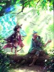  1boy 1girl animal_ears archer_(fate/extra) bird boots cigarette cloak clover crossover erun_(granblue_fantasy) fate/extra fate_(series) forest granblue_fantasy jewelry kaneda_gbf legs_crossed looking_at_another nature necklace open_mouth orange_hair sitting skasaha_(granblue_fantasy) tree 