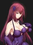  1girl absurdres black_background breasts brown_hair cleavage collarbone cutout dress elbow_gloves fan fate/grand_order fate_(series) flower gloves hair_between_eyes hair_flower hair_ornament highres holding holding_fan jewelry kamkac large_breasts long_hair looking_at_viewer necklace purple_dress purple_flower purple_gloves red_eyes scathach_(fate/grand_order) sideboob simple_background sleeveless sleeveless_dress smile solo upper_body very_long_hair 