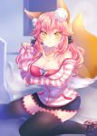  1girl animal_ears black_legwear bra breasts cleavage collarbone fate/extra fate/extra_ccc fate/grand_order fate_(series) fox_ears fox_tail highres japanese_clothes large_breasts light_smile looking_at_viewer merichi_(ogaomega) open_clothes open_shirt pink_bra pink_hair shirt sitting solo tail tamamo_(fate)_(all) tamamo_no_mae_(fate) thigh-highs underwear yellow_eyes 