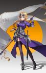  1girl armor armored_boots armored_dress black_legwear blonde_hair blue_eyes boots braid breasts fate/grand_order fate_(series) flag flagpole gauntlets hair_ribbon headpiece highres large_breasts long_braid long_hair looking_at_viewer ribbon ruler_(fate/apocrypha) scabbard sheath single_braid solo sword thigh-highs weapon zqzqy 