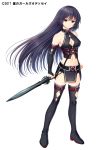  1girl 2017 belt black_footwear black_gloves black_hair black_skirt boots breasts bridal_gauntlets buckle cleavage cleavage_cutout copyright_name full_body gloves hagino_kouta halterneck highres holding holding_sword holding_weapon hoshi_no_girls_odyssey jitome long_hair looking_at_viewer medium_breasts nashira_(hoshi_no_girls_odyssey) official_art red_eyes reverse_grip simple_background skirt solo standing sword thigh-highs thigh_boots weapon white_background 