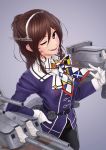  1girl ;d ashigara_(kantai_collection) black_skirt brown_hair cowboy_shot fang gloves hairband hand_on_hip highres horned_headwear kantai_collection koubakotone long_hair looking_at_viewer one_eye_closed open_mouth pencil_skirt red_eyes remodel_(kantai_collection) scarf skirt smile solo turret uniform wavy_hair white_gloves 