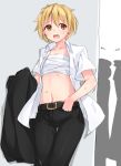  1girl bangs black_belt black_jacket black_pants blonde_hair clothes_removed collarbone commentary cowboy_shot debutya_aki dress_shirt eyebrows_visible_through_hair genderswap genderswap_(mtf) hiding holding jacket looking_back navel open_clothes open_shirt pants saki sarashi shirt short_hair short_sleeves solo standing suga_kyoutarou sweat thigh_gap white_shirt yellow_eyes 