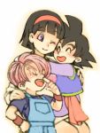  1girl 2boys ;) black_hair blush_stickers chinese_clothes closed_eyes dragon_ball dragon_ball_super dragonball_z eyebrows_visible_through_hair hand_on_own_face hands_on_another&#039;s_shoulder happy hug multiple_boys one_eye_closed open_mouth overalls purple_hair short_hair simple_background smile son_goten trunks_(dragon_ball) videl violet_eyes white_background wristband yochimune 