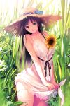  1girl absurdres between_breasts black_hair blush breasts cleavage closed_mouth collarbone dress flower green_eyes hat hat_ribbon head_tilt highres large_breasts long_hair looking_at_viewer mana_kakkowarai outdoors ribbon scan smile solo straw_hat sun_hat sundress sunflower thigh_ribbon watermark web_address white_dress 
