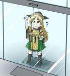  1girl automatic_door black_hat blonde_hair confused dress glass_door green_skirt hat kousei_(public_planet) long_hair long_sleeves matara_okina open_mouth question_mark skirt solo tabard touhou wide_sleeves yellow_eyes 