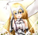  1girl absurdres armor bare_shoulders blonde_hair blue_eyes blush breasts crying crying_with_eyes_open eyebrows_visible_through_hair fate/grand_order fate_(series) headpiece highres long_hair looking_at_viewer medium_breasts open_mouth ruler_(fate/apocrypha) smile solo suisen-21 tears upper_body 