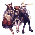  3girls animal_ears arm_support black_dress black_legwear braid brooch brown_eyes brown_hair cat_ears closed_mouth collarbone dress extra_ears hair_ribbon high_heels highres imaizumi_kagerou interlocked_fingers jacket jewelry juliet_sleeves kaenbyou_rin long_hair long_sleeves looking_at_viewer multiple_girls necktie pantyhose puffy_sleeves rabbit_ears red_eyes redhead reisen_udongein_inaba revision ribbon ruukii_drift shaded_face shirt silver_hair simple_background sitting skirt smile striped striped_legwear tail thigh-highs touhou twin_braids underbust v_arms very_long_hair white_background wide_sleeves wolf_ears zettai_ryouiki 