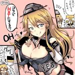  1boy 1girl blonde_hair blue_eyes breasts cleavage elbow_gloves expressions fingerless_gloves front-tie_top gloves hair_between_eyes iowa_(kantai_collection) kantai_collection large_breasts star star-shaped_pupils symbol-shaped_pupils t-head_admiral toda_kazuki translation_request warspite_(kantai_collection) 