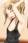  1girl :d adjusting_hair armpits arms_up bare_arms bare_shoulders black_tank_top breasts brown_eyes collarbone commentary_request dagashi_kashi endou_saya_(dagashi_kashi) eyelashes fangs from_side hair_ornament hairclip happy highres indoors karasuma_yayoi light_brown_hair long_hair looking_at_viewer open_mouth ponytail raised_eyebrows sanpaku shiny shiny_hair sideboob small_breasts smile solo standing tank_top upper_body 