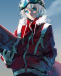  blue_eyes blue_sky closed_mouth day fur_trim gloves goggles goggles_on_head holding hood hood_down hoodie long_sleeves looking_at_viewer original outdoors scenery silver_hair sky snowboard solo swav upper_body white_gloves winter_clothes 