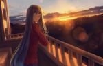  1girl balcony brown_eyes brown_hair light_rays long_hair looking_at_viewer original sakimori_(hououbds) scenery smile sunset sweater very_long_hair 