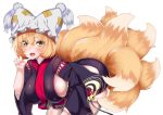  1girl azur_lane bent_over blonde_hair breasts cosplay fox_tail hand_up hat large_breasts looking_at_viewer multiple_tails ofuda open_mouth paw_pose pillow_hat short_hair sideboob simple_background smile solo tail tassel thigh-highs touhou white_background white_hat white_legwear wildcat_(kusonemi) yakumo_ran yamashiro_(azur_lane) yamashiro_(azur_lane)_(cosplay) yellow_eyes 