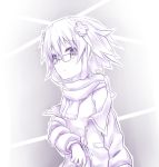  1girl bespectacled cyan_aeolin d-pad glasses hair_ornament highres looking_at_viewer monochrome neptune_(choujigen_game_neptune) neptune_(series) scarf smile solo 