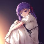  1girl bow commentary_request dress fate/stay_night fate_(series) gradient gradient_background hair_bow hair_ribbon long_hair looking_at_viewer matou_sakura nyanya purple_hair ribbon simple_background sitting smile solo twitter_username violet_eyes white_dress 