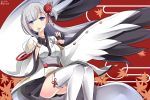  1girl azur_lane black_gloves blue_eyes commentary_request finger_to_mouth fingerless_gloves gloves hair_ornament hebitsukai-san highres index_finger_raised japanese_clothes long_hair looking_at_viewer obi parted_lips pleated_skirt revision sash shoukaku_(azur_lane) silver_hair skirt smile solo thigh-highs white_legwear wide_sleeves zettai_ryouiki 