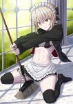  1girl apron artoria_pendragon_(all) artoria_pendragon_(swimsuit_rider_alter)_(fate) black_bow black_bra black_footwear black_jacket black_legwear black_skirt blonde_hair bow bra breasts broom cleavage day eyebrows_visible_through_hair fate/grand_order fate_(series) frilled_apron frilled_bra frilled_skirt frills garters hair_between_eyes hair_bow holding holding_broom indoors jacket looking_at_viewer maid_headdress midriff miniskirt mizunashi_hayate navel open_clothes open_jacket saber_alter short_hair sideboob sitting skirt small_breasts solo stomach thigh-highs underwear white_apron window yellow_eyes 