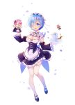  1girl ;d =_= apron blue_eyes blue_hair blush breasts cup detached_sleeves dress eyebrows_visible_through_hair frilled_sleeves frills full_body gingerbread_man hair_between_eyes hair_ornament hair_over_one_eye hand_puppet ky_(user_oqx1774) long_sleeves maid maid_headdress medium_breasts natsuki_subaru one_eye_closed open_mouth petals pink_hair pink_ribbon puffy_long_sleeves puffy_sleeves puppet purple_ribbon ram_(re:zero) re:zero_kara_hajimeru_isekai_seikatsu rem_(re:zero) ribbon ribbon-trimmed_clothes ribbon_trim smile tea teacup teapot thigh-highs track_suit waist_apron white_background white_legwear x_hair_ornament 