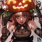  1girl :p black_eyes blonde_hair dcwj elbow_gloves gloves halloween halloween_costume hat highres jack-o&#039;-lantern looking_at_viewer original short_hair simple_background solo spider stitches tongue tongue_out upper_body 