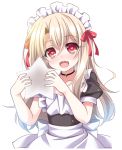  1girl alternate_costume apron blonde_hair blush collarbone enmaided eyebrows_visible_through_hair fate/stay_night fate_(series) floating_hair hair_between_eyes hair_ribbon heart heart-shaped_pupils holding illyasviel_von_einzbern long_hair maid maid_headdress open_mouth red_eyes red_ribbon ribbon short_sleeves simple_background solo soukai_(lemonmaiden) symbol-shaped_pupils white_apron white_background 