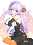  1girl ahoge azur_lane bangs black_dress blunt_bangs blush bow c: closed_mouth detached_sleeves dress elbow_gloves frills gloves hair_bun hair_ornament hair_ribbon halloween highres hug karutamo long_hair looking_at_viewer object_hug orange_bow orange_legwear purple_hair ribbon side_bun sidelocks sitting smile solo star starry_background stuffed_animal stuffed_toy stuffed_unicorn tareme thigh-highs unicorn_(azur_lane) violet_eyes wavy_hair yokozuwari 