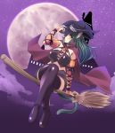  1girl animal_ears bangs blush boots breasts bridal_gauntlets broom broom_riding brown_eyes cape castle cat_ears cat_tail cleavage clouds commentary full_body green_hair halloween hat large_breasts long_hair midriff miniskirt moon night night_sky original outdoors parted_lips skirt sky solo star_(sky) tail thigh-highs thigh_boots tonpuu witch witch_hat zettai_ryouiki 