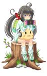  1girl ahoge bag black_hair blue_eyes character_request ears grass hair_ribbon handheld_game_console headphones jacket long_hair open_mouth playing_games playstation_portable ribbon rock shoes sitting solo stuffed_animal stuffed_toy transparent_background tree_stump tsurime venus_eleven_vivid! 