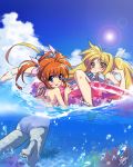  2girls artist_name ass back bikini blonde_hair blue_eyes brown_hair closed_mouth clouds cloudy_sky commentary_request day eyebrows_visible_through_hair fate_testarossa from_behind front-tie_bikini front-tie_top frown fundoshi_inao hair_ribbon innertube lens_flare lyrical_nanoha mahou_shoujo_lyrical_nanoha multiple_girls ocean one-piece_swimsuit outdoors parted_lips partially_submerged partially_underwater_shot red_eyes ribbon see-through short_twintails signature sitting sky smile soles star sun swimming swimsuit takamachi_nanoha twintails underwater white_background white_bikini white_swimsuit 
