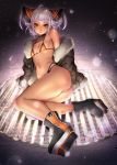  1girl absurdres ass bare_legs bare_shoulders breasts closed_mouth commentary_request highres looking_at_viewer masami_chie off_shoulder original silver_hair small_breasts solo yellow_eyes 
