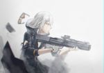  1girl absurdres ajirui armor breasts eyewear_removed fingerless_gloves girls_frontline glasses gloves grey_background grey_eyes gun hair_between_eyes highres hood hood_down hoodie kel-tec kel-tec_ksg ksg_(girls_frontline) looking_away medium_breasts parted_lips pump_action shirt shotgun silver_hair simple_background solo torn_clothes torn_jacket torn_shirt trigger_discipline weapon white_gloves white_hair 