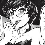 1girl breasts cleavage collar erica_june_lahaie finger_licking glasses hat heart heart-shaped_pupils highres licking medium_breasts monochrome portrait real_life self-portrait short_hair smile solo symbol-shaped_pupils tongue tongue_out 
