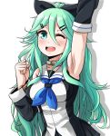  1girl ;d arm_up armpits choker clenched_hand collarbone commentary_request detached_sleeves green_eyes green_hair hair_ornament hair_over_one_eye hair_ribbon hairclip kantai_collection long_hair looking_at_viewer one_eye_closed open_mouth raised_fist ribbon school_uniform serafuku simple_background smile solo white_background yamakaze_(kantai_collection) yong-gok 
