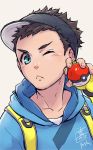  1boy black_hair blue_eyes blush closed_mouth fingerless_gloves gloves hood hoodie looking_to_the_side male_protagonist_(pokemon_go) one_eye_closed poke_ball pokemon pokemon_go short_hair solo upper_body very_short_hair yellow_gloves yoshimi 