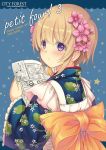 1girl bergenia_(flower_knight_girl) blonde_hair blue_background blue_kimono blush bow city_forest_online cover cover_page doujin_cover flower flower_knight_girl hair_flower hair_ornament japanese_clothes kimono looking_at_viewer print_kimono short_hair simple_background snowflakes solo star upper_body violet_eyes yellow_bow 