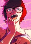  1girl blue_eyes camisole collarbone erica_june_lahaie glasses heart heart-shaped_pupils open_mouth real_life redhead saliva self-portrait shirt_lift short_hair signature solo sweat symbol-shaped_pupils upper_body 