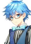 1boy blue_eyes blue_hair bow bowtie caster_(fate/extra_ccc) fate/grand_order fate_(series) glasses looking_at_viewer male_focus milcho short_hair simple_background solo upper_body vest white_background 