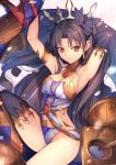  1girl armpits arms_up bare_shoulders black_hair blurry breasts cleavage commentary_request earrings fate/grand_order fate_(series) heavenly_boat_maanna highres hoop_earrings ishtar_(fate/grand_order) jewelry long_hair looking_at_viewer medium_breasts red_eyes revision single_thighhigh smile solo thigh-highs tohsaka_rin tsuki_suigetsu two_side_up 