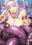  1girl bare_shoulders breasts cleavage hairband highres idolmaster jewelry large_breasts long_hair looking_at_viewer monster_girl nail_polish necklace pink_eyes scylla shijou_takane silver_hair smile tentacle tsurui underwater 