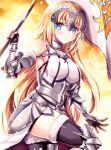  1girl armor armored_boots armored_dress banner black_legwear blonde_hair blue_eyes blush boots breasts breasts_apart chains day dress eyebrows_visible_through_hair fate/apocrypha fate_(series) floating_hair fukase_ayaka fur_trim gauntlets hair_ornament holding holding_weapon large_breasts long_hair looking_at_viewer one_leg_raised outdoors ruler_(fate/apocrypha) shiny shiny_skin sideboob sleeveless sleeveless_dress smile solo thigh-highs very_long_hair weapon white_dress 