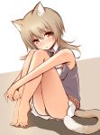  1girl :o animal_ears bangs bare_arms bare_legs bare_shoulders barefoot black_neckwear black_panties black_shirt blush breasts brown_background brown_eyes brown_hair cat_ears cat_girl cat_tail collared_shirt copyright_request eyebrows_visible_through_hair hair_between_eyes highres long_hair looking_at_viewer medium_breasts nose_blush panties parted_lips pleated_skirt school_uniform shirt simple_background skirt solo tail two-tone_background underwear white_background white_skirt yuu_(yumezakura) 