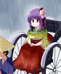  1boy 1girl flower hair_flower hair_ornament hieda_no_akyuu japanese_clothes kimono kousei_(public_planet) purple_hair rain rickshaw short_hair touhou violet_eyes wet wet_clothes 